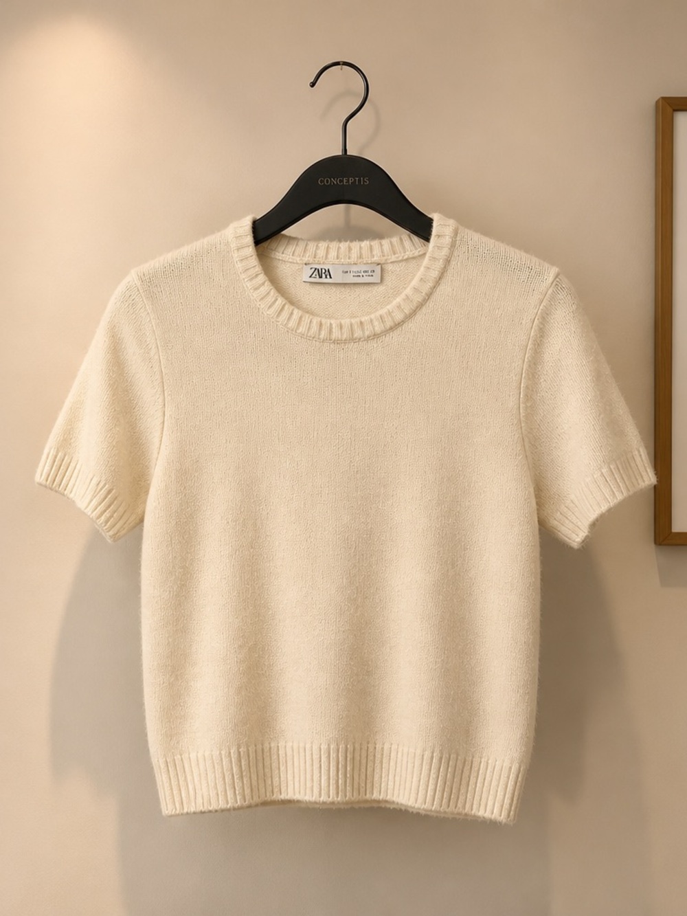 ZARA Cream Short-Sleeve Crewneck Knit Top